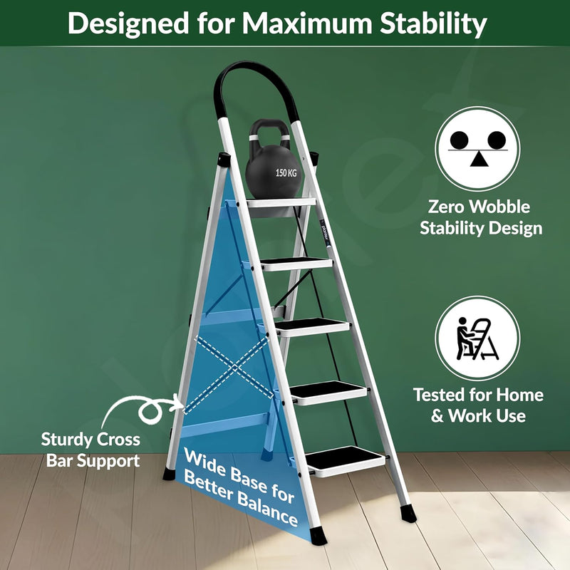 Plantex Ladder for Home 5 Steps/Foldable Ladder with Anti-Skid Wide Steps (30L x 20W cm)/Strong D-Shape Pipe with X-Support for More Stability/5 Year Warranty(Apex-White)