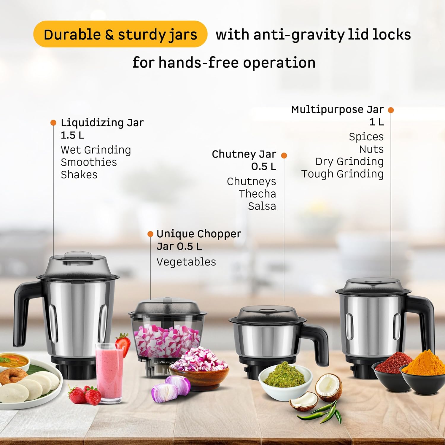 Atomberg Yulia 750 Watt Mixer Grinder | 4 Multipurpose Jars including Chopper Jar | Coarse Mode for Silbatta-like Textures | Powerful Intelligent Motor | Advanced Safety Features | Pebble Grey