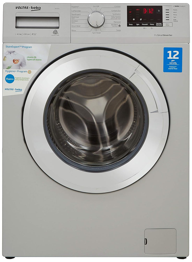 Voltas Beko 6.5 Kg Inverter Fully-Automatic Front Loading Washing Machine, Inbuilt Heater, 26 Stain Remover (WFL65SC, Silver Body, Chrome Door)-1