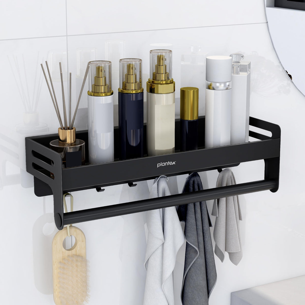 Plantex Aluminium Self Adhesive Bathroom Shelf with Towel Rod and Movable Hooks/Rack Shelf for Bathroom/Kitchen Shelf Organizer (Black)