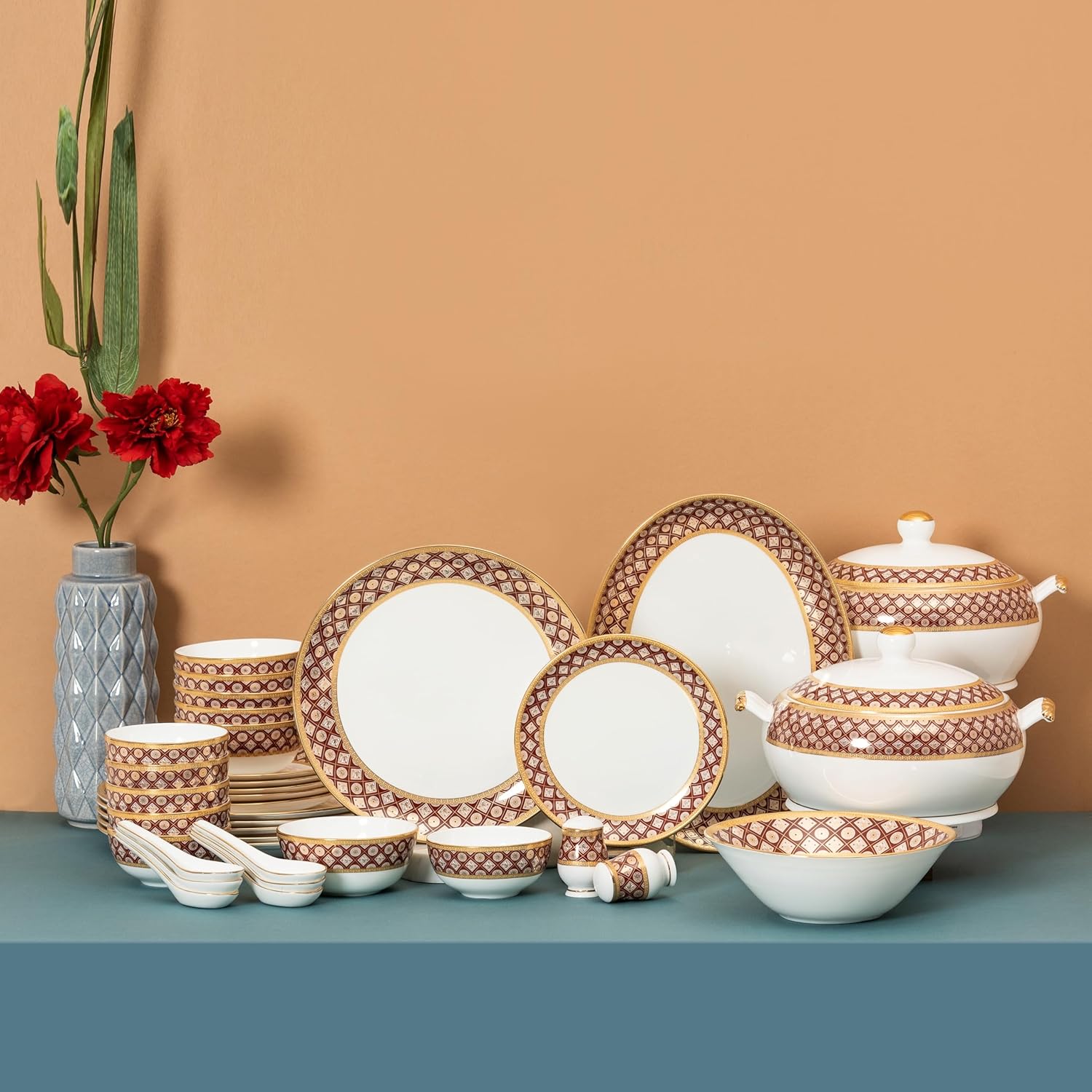 Clay Craft Fine Ceramic Golden Print Royal Velvet Dinner Set - 38 Pcs -(Maroon Golden), for Family of 6, Dinner Set Ceramic, Dining Set for Dinner, Crockery Set for Gift, Kitchen Set for Home