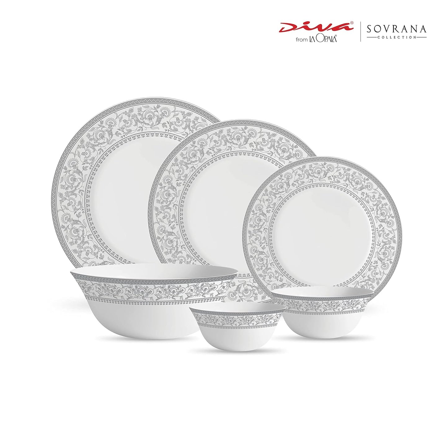 La Opala Diva Sovrana Collection Opal Glass Crockery | for Family of 6 | Dinner Set 33 pcs Persian Silver | Plates & Bowls for Dining | Microwave Safe | 100% Vegetarian | Extra Strong | Light & White