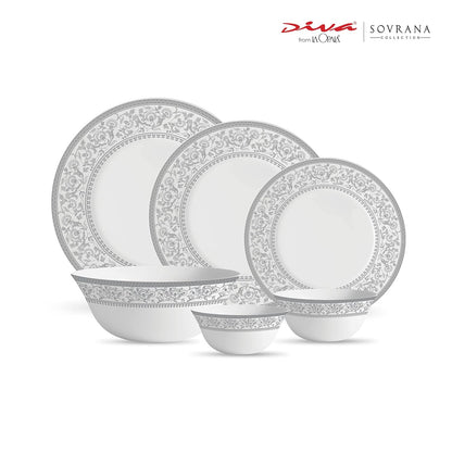 La Opala Diva Sovrana Collection Opal Glass Crockery | for Family of 6 | Dinner Set 33 pcs Persian Silver | Plates & Bowls for Dining | Microwave Safe | 100% Vegetarian | Extra Strong | Light & White
