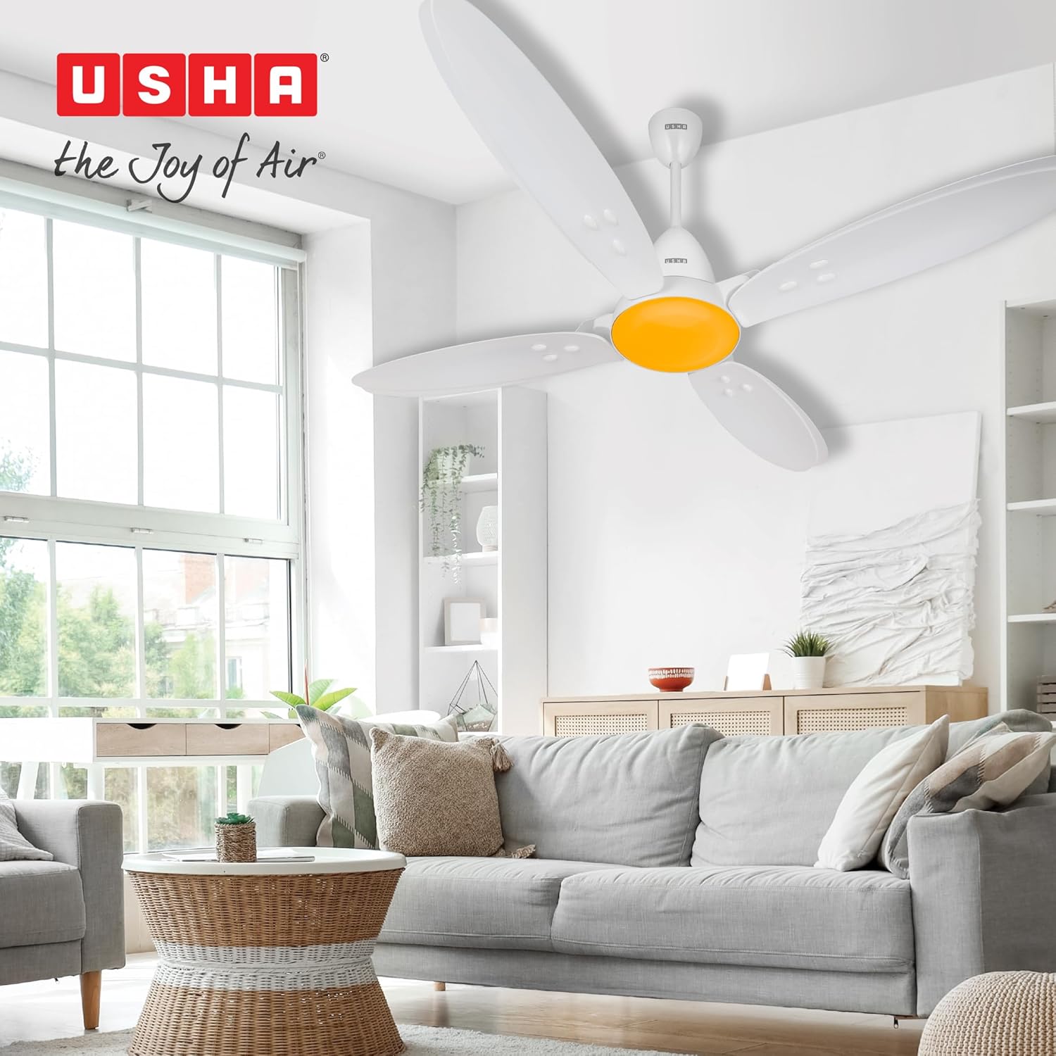 USHA New Bloom Series Lily Nova (Inspired by Lily) 4-Blade BLDC Ceiling Fan with Bi-Directional Feature | Sleep/Boost/Timer Modes | RF Remote | Dust-Resistant | Whisper-Quiet (White & Saffron Yellow)