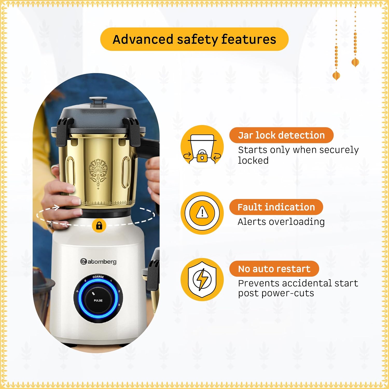 Atomberg Zenova Special Edition Mixer Grinder | Unique Coarse Mode for Silbatta-like Texture | BLDC Motor | Safety Features | 4 Jars including Chopper| Hands-Free Operation| Heritage Brass Pearl White