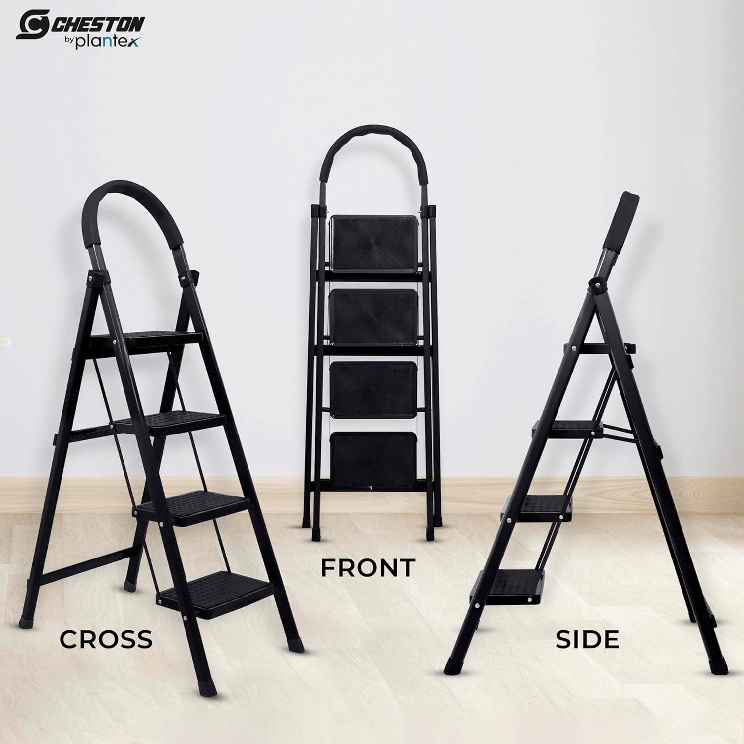 Plantex Cheston Premium GI Steel Foldable 4 Step Ladder for Home/Wide Anti Slip Steps (Black)