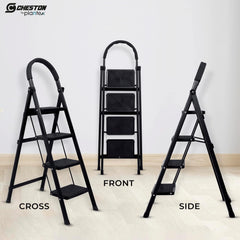 Plantex Cheston Premium GI Steel Foldable 4 Step Ladder for Home/Wide Anti Slip Steps (Black)