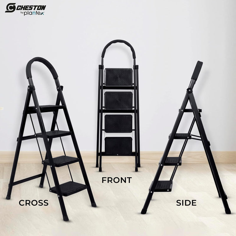 Plantex Cheston Premium GI Steel Foldable 4 Step Ladder for Home/Wide Anti Slip Steps (Black)