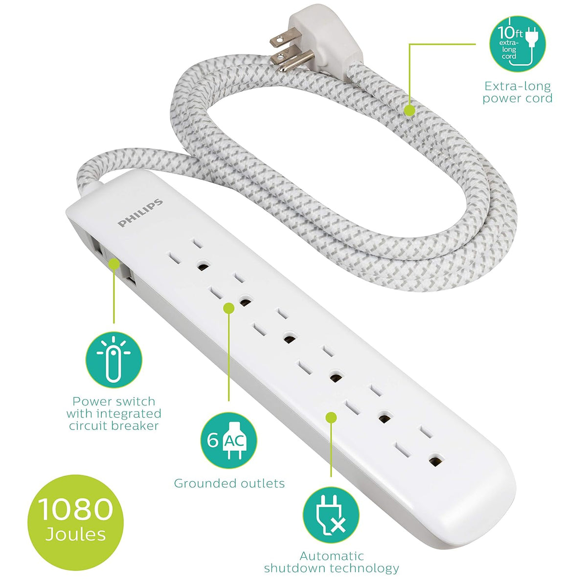Philips Surge Protector Power Strip, Extra Long Power Cord, Designer Braided Extension Cord