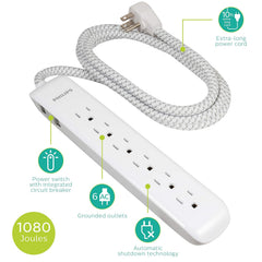 Philips Surge Protector Power Strip, Extra Long Power Cord, Designer Braided Extension Cord