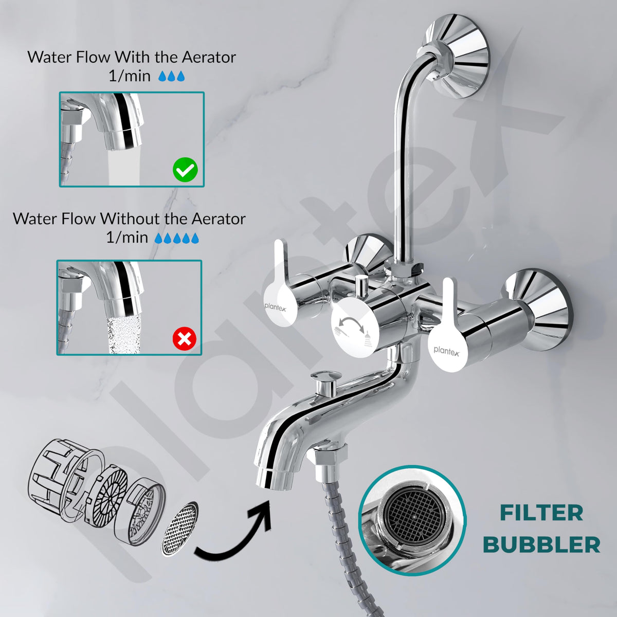 Plantex Pure Brass 3 in 1 Wall Mixer for Bathroom with L-Bend Provision for Overhead and Hand Shower/Mixer Tap for Bathroom with Water Saving Aerator and Brass Wall Flange (ORE-1421)-6