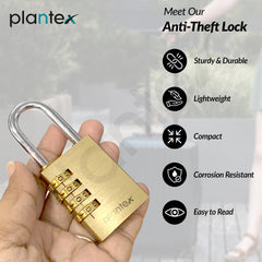 Plantex 4-Digit Code Combination Brass Lock/Number Lock/Portable Luggage Locks for Briefcase/Laptop Bags - Pack of 1 (Medium, Brass Antique)-2