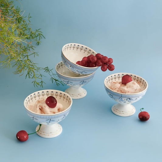 Magique by The Wishing Chair x ClayCraft : River of Flowers Dessert Cups Set of 4 | 160 ml Ceramic Ice Cream Bowls | Elegant Floral Cups for Ice Cream, Sorbet & Gelato | Dishwasher Safe