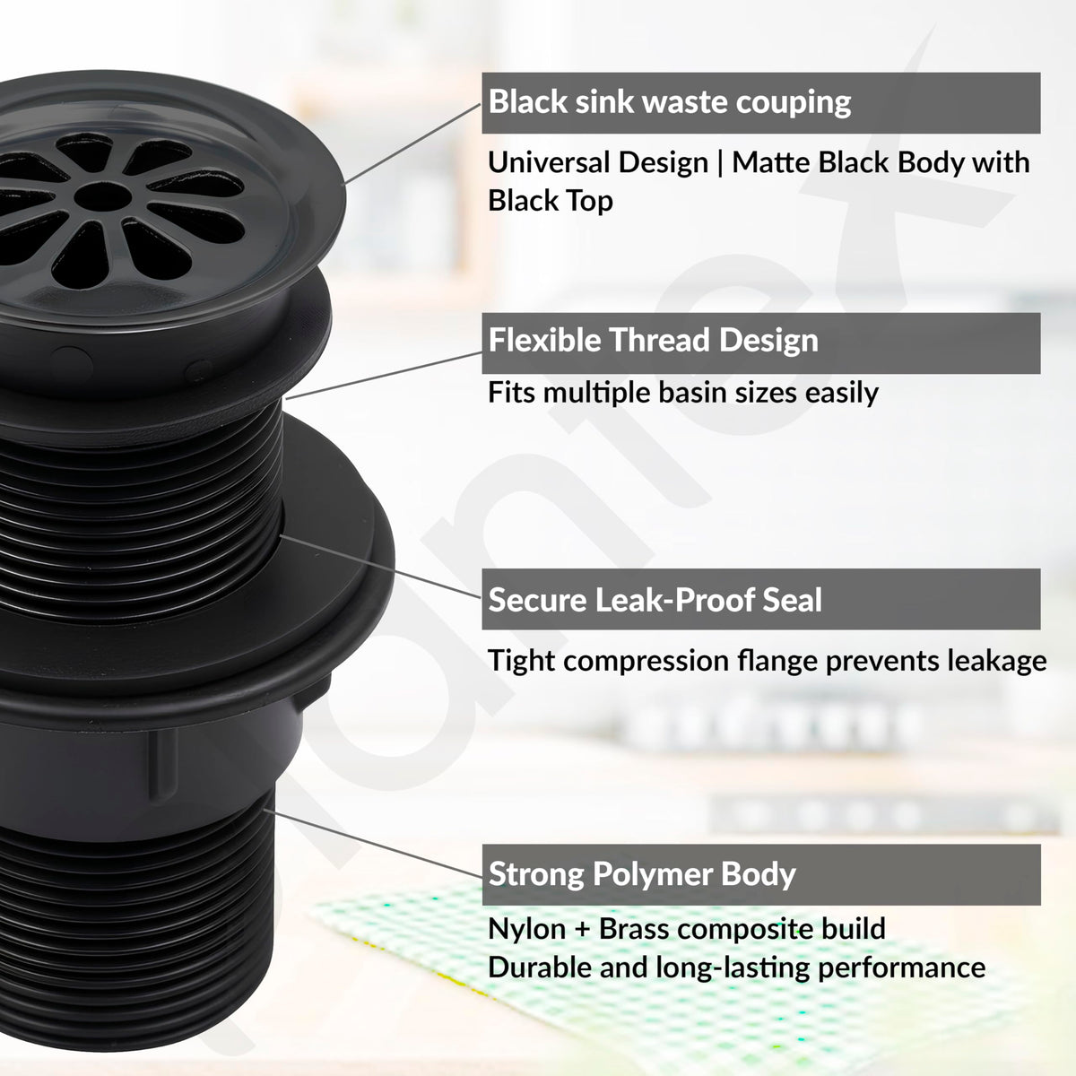 Plantex Brass with Nylon 6 inch Full Thread Waste Coupling for Wash Basin/Coupling for Sink - Pack of 1 (BH-1116, Black)-4