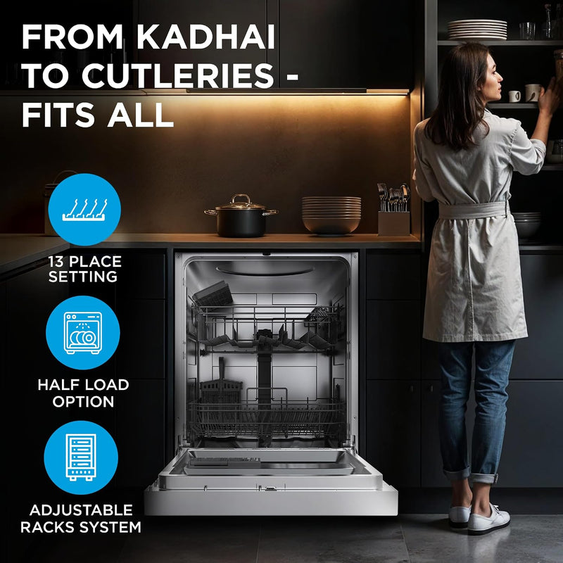 Midea 13 Place Settings Free Standing Silver Dishwasher | 7 Wash Programs | LED Display | Power Wash | Wi-Fi Enabled with Midea SmartHome App | Self Cleaning Function | MDWPF1301F(SS)-WG