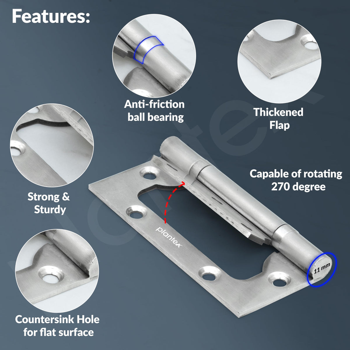Plantex Stainless Steel Butterfly Hinges for Door/4 Inch x 14 Gauge Hinge/2.5 mm Door Hinge for Home/Office/Hotel/Non-Mortise Hinges - Pack of 1 (Chrome)-4