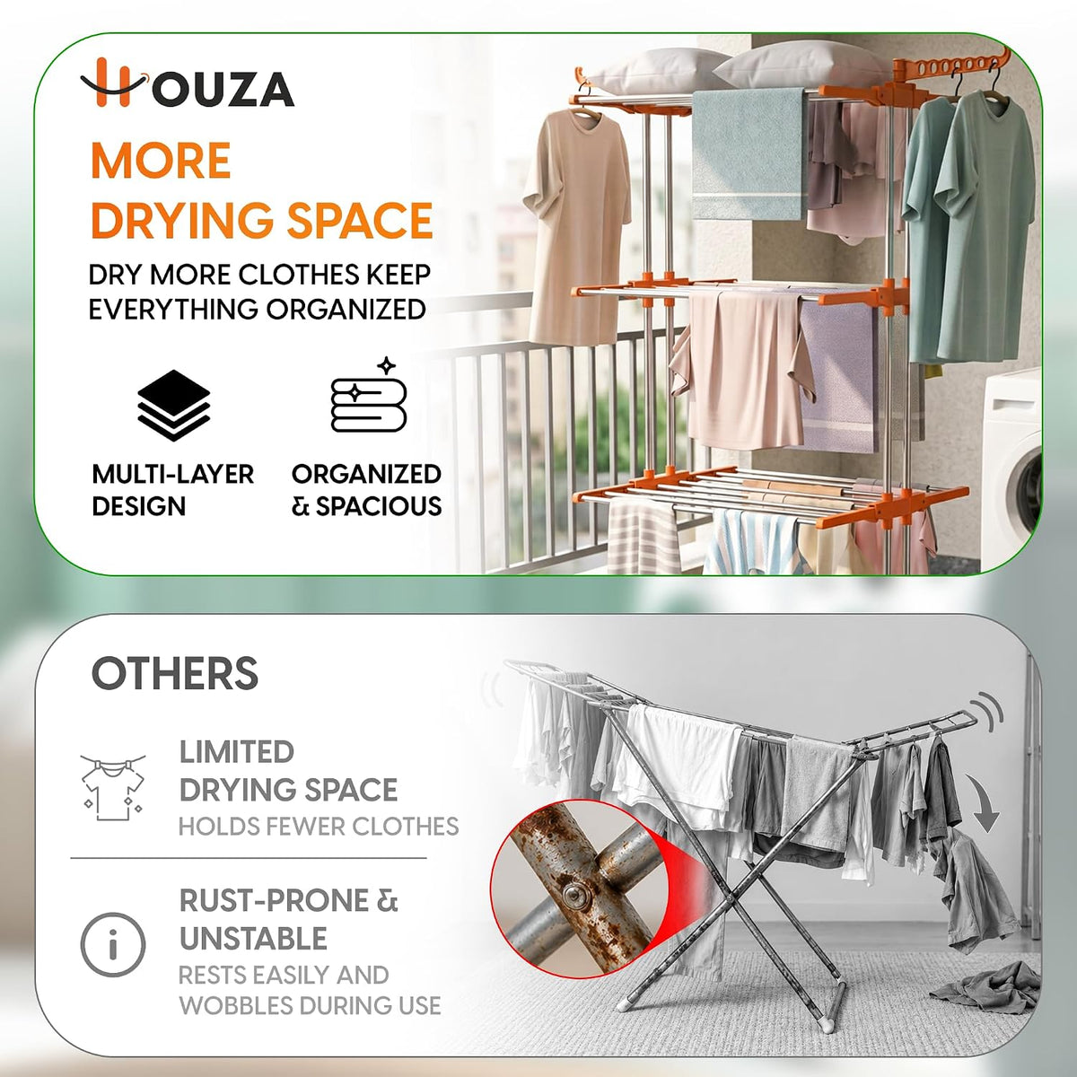 HOUZA Stainless Steel Clothes Drying Stand | 3 Layer Foldable Cloth Dryer Stand with Wheels | 6 Foldable Wings - Orange