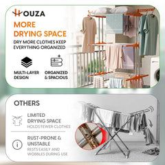 HOUZA Stainless Steel Clothes Drying Stand | 3 Layer Foldable Cloth Dryer Stand with Wheels | 6 Foldable Wings - Orange