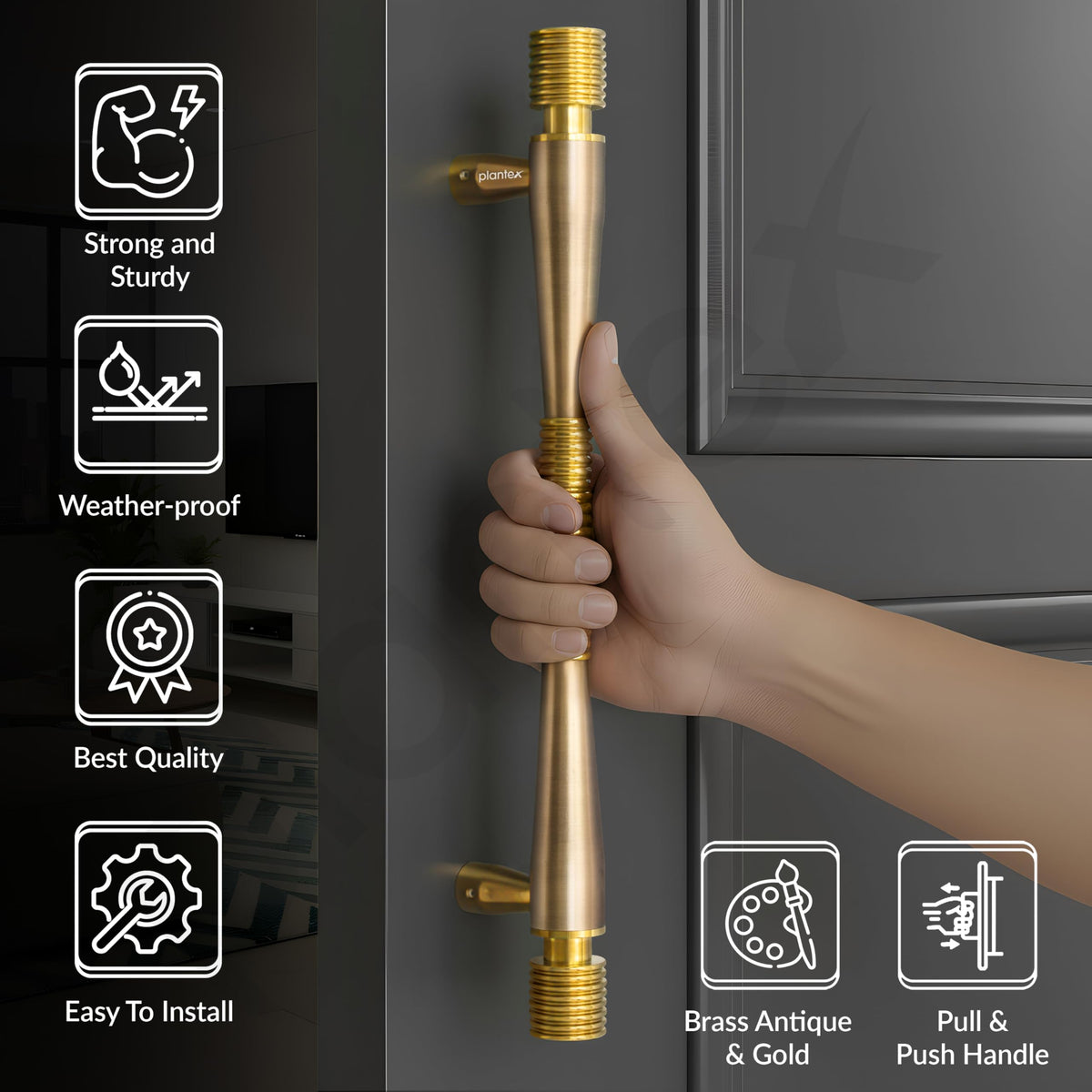 Plantex 12 Inch Main Door Handle/Stainless Steel Handle for Door/Pull-Push Handle for Home/Office/3 Years Warranty Pack of 1 (APS-147, Brass Antique & Gold)-3