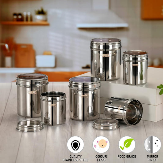 Sumeet Stainless Steel Small Containers/Jars/Dabba for Kitchen Storage with See Through Lids - set of 6Pcs, 400ml + 750ml capacity, 7.3cm & 9cm Dia, Silver
