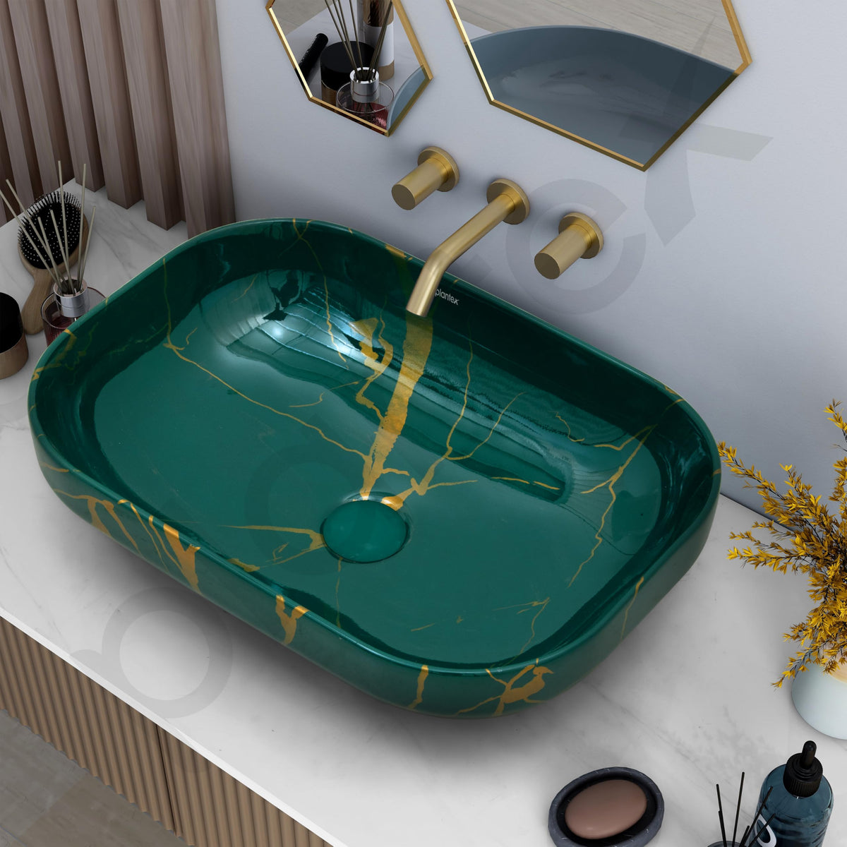 Plantex Tabletop Wash Basin for Bathroom/Designer Countertop Bathroom Sink/Ceramic Rectangle Vessel Sink Basin for Home/Office (18x13x5.5 Inch - Green)-6