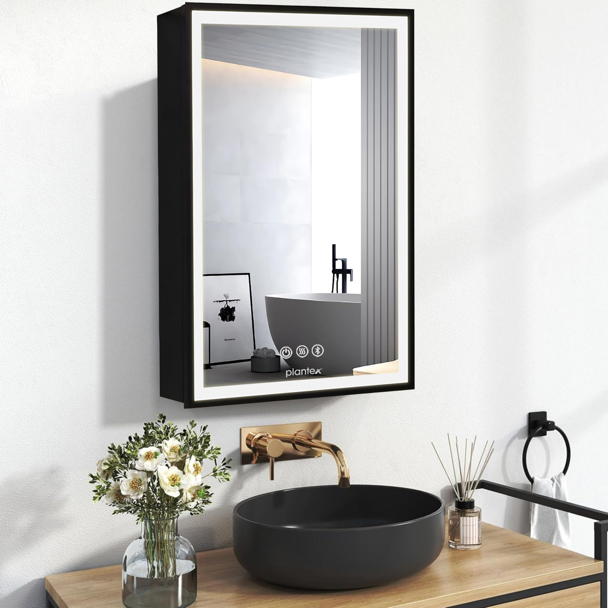Plantex Bathroom Cabinet with Mirror/Aluminium Framed Cabinet Storage/LED Mirror Cabinet for Wall/Bathroom Organiser Cabinet -Defogger & Bluetooth(20x28 Inch, Black)-1