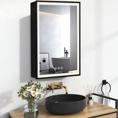 Plantex Bathroom Cabinet with Mirror/Aluminium Framed Cabinet Storage/LED Mirror Cabinet for Wall/Bathroom Organiser Cabinet -Defogger & Bluetooth(20x28 Inch, Black)-1