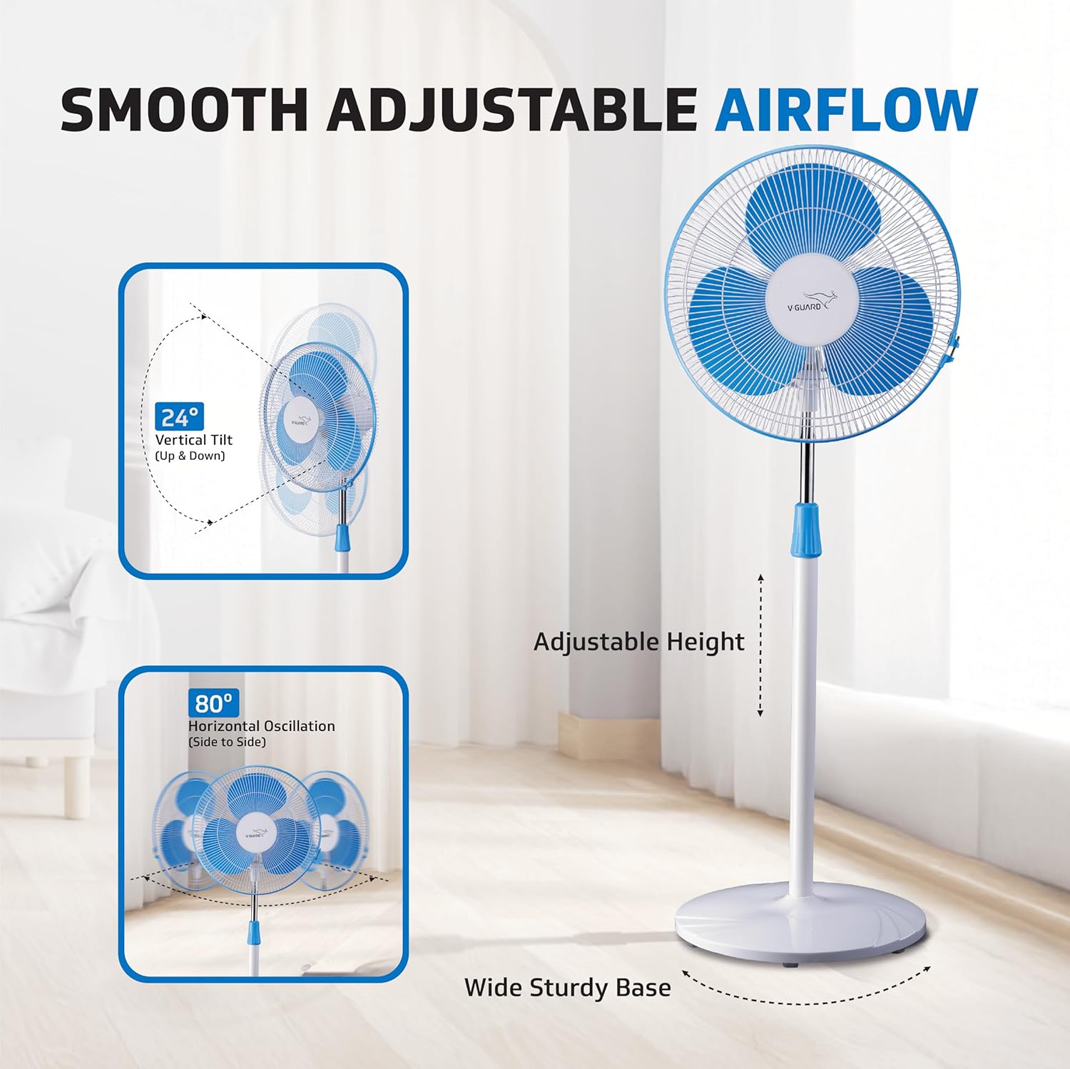 V-Guard Esfera STS Neo Pedestal Fan | 1330 RPM Motor | Customisable Tilt And Oscillation Control | White Blue | 40 cm (400mm)