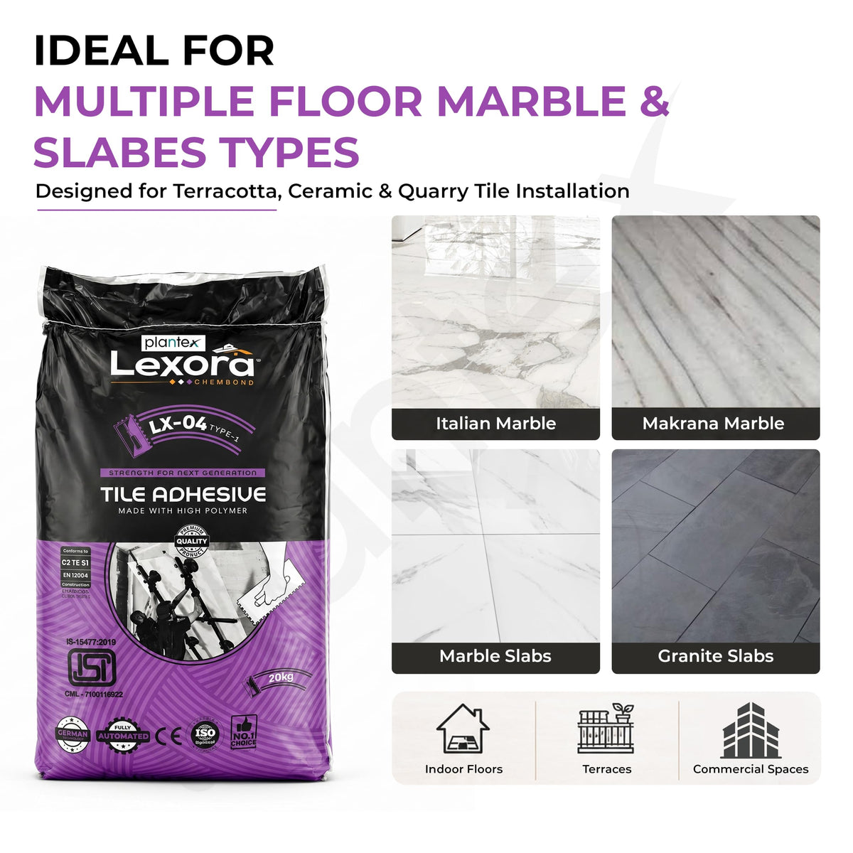 Plantex Lexora Tile Adhesive for Terracotta/Ceramic & Quarry Tiles/Polymer Modified Cement Adhesive for Floor & Wall Tiles Fixing/ Kitchen & Bathroom‚ Use - 20kg (LX-04, White)-2