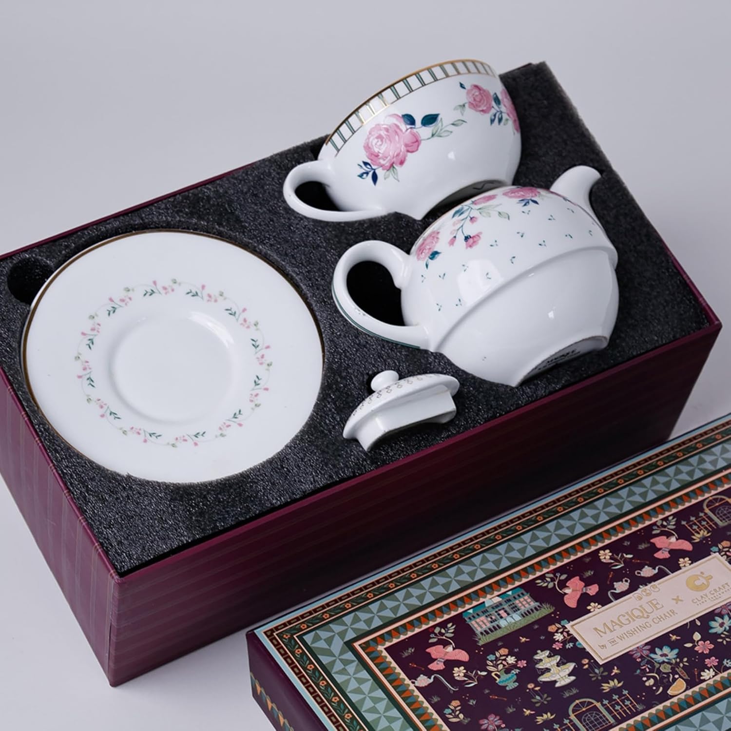 Magique by The Wishing Chair x ClayCraft : Portrait of a Rose - Tea for One Giftbox | Ceramic Tea Cup and Saucer| Dishwasher Safe | Festive Gifting | GiftBox Packaging
