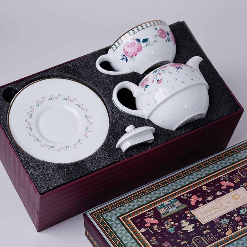 Magique by The Wishing Chair x ClayCraft : Portrait of a Rose - Tea for One Giftbox | Ceramic Tea Cup and Saucer| Dishwasher Safe | Festive Gifting | GiftBox Packaging