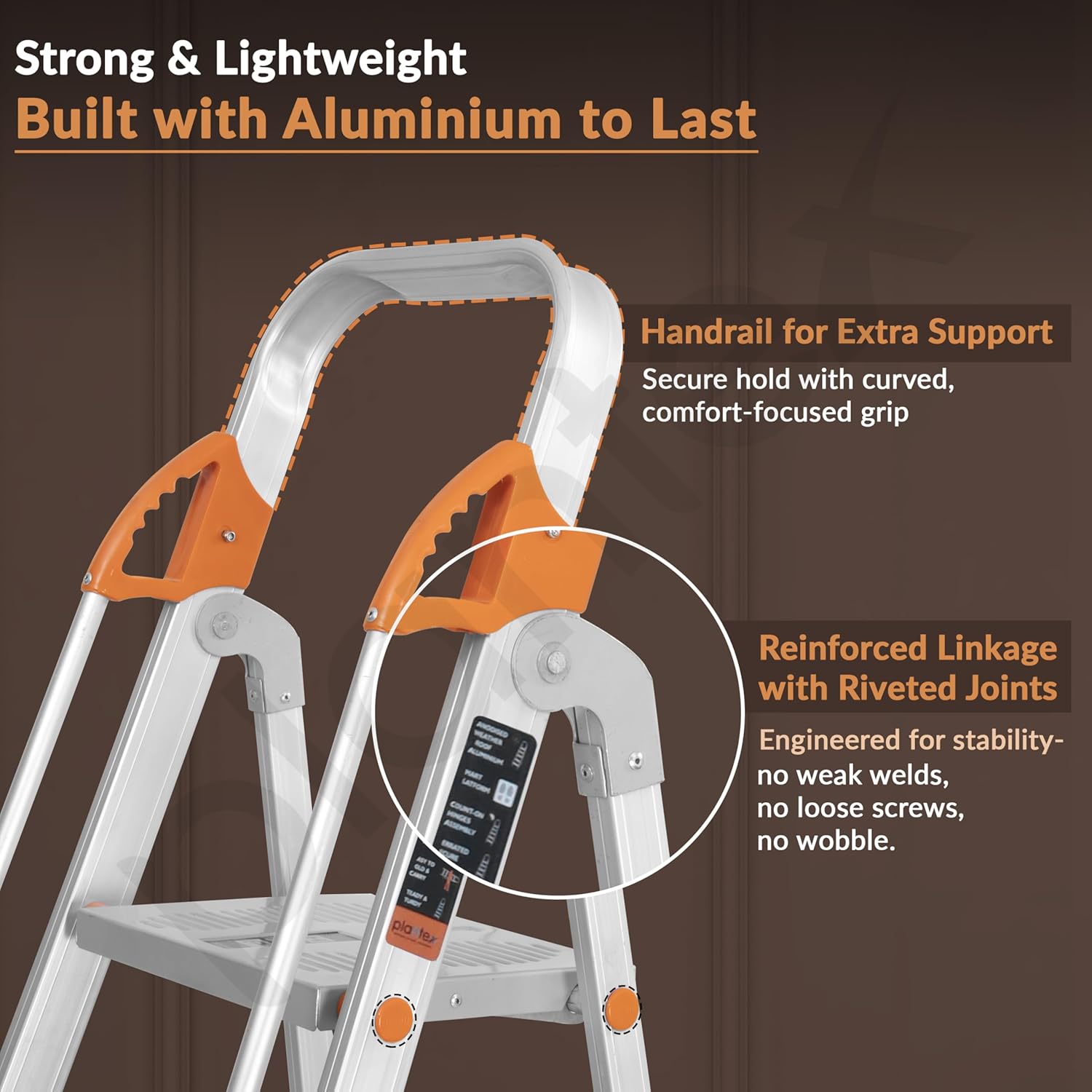 Plantex Secura 7 Step Aluminium Ladder for Home/Foldable Ladder with Safe Hand Rails/5 Year Manufacturer Warranty(Orange-Chrome)