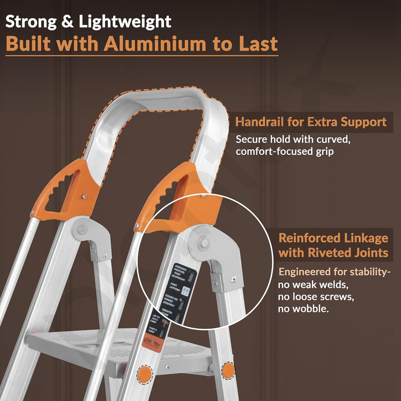 Plantex Secura 7 Step Aluminium Ladder for Home/Foldable Ladder with Safe Hand Rails/5 Year Manufacturer Warranty(Orange-Chrome)