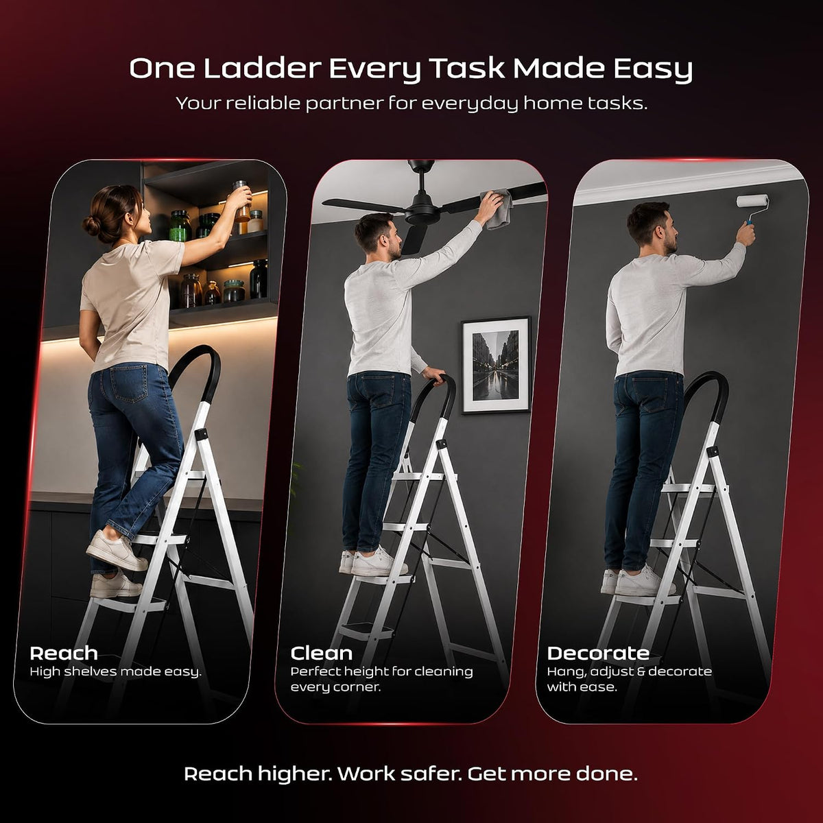HOUZA Steel Ladder for Home 6 Steps Foldable with Anti-Skid Wide Steps (30cm x 20cm) | 6 Step Ladder for Home Use with D-Shape Rods | Secure Lock | 150 Kg Capacity Folding Ladder | 5 Year Warranty