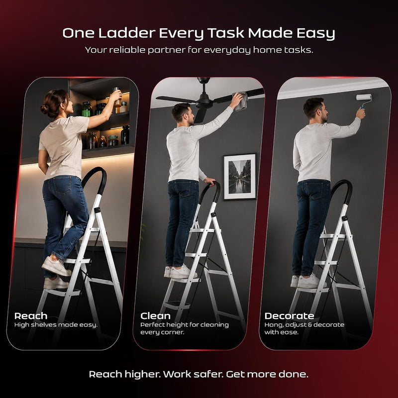 HOUZA Steel Ladder for Home 6 Steps Foldable with Anti-Skid Wide Steps (30cm x 20cm) | 6 Step Ladder for Home Use with D-Shape Rods | Secure Lock | 150 Kg Capacity Folding Ladder | 5 Year Warranty