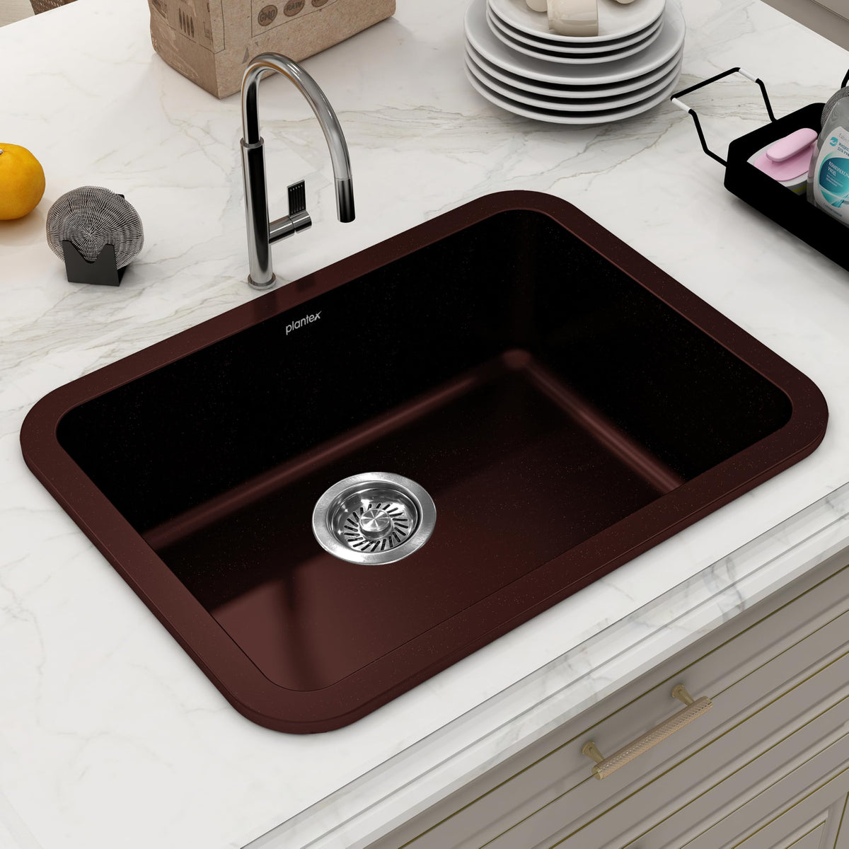 Plantex Quartz Matt Kitchen Sink/UV Protected Kitchen Sink/Undermount Sink for Kitchen/Metalic Single Bowl Sink with Coupling and Hose Pipe - Pack of 1 (24 x 18 inch, Choco Brown)-1