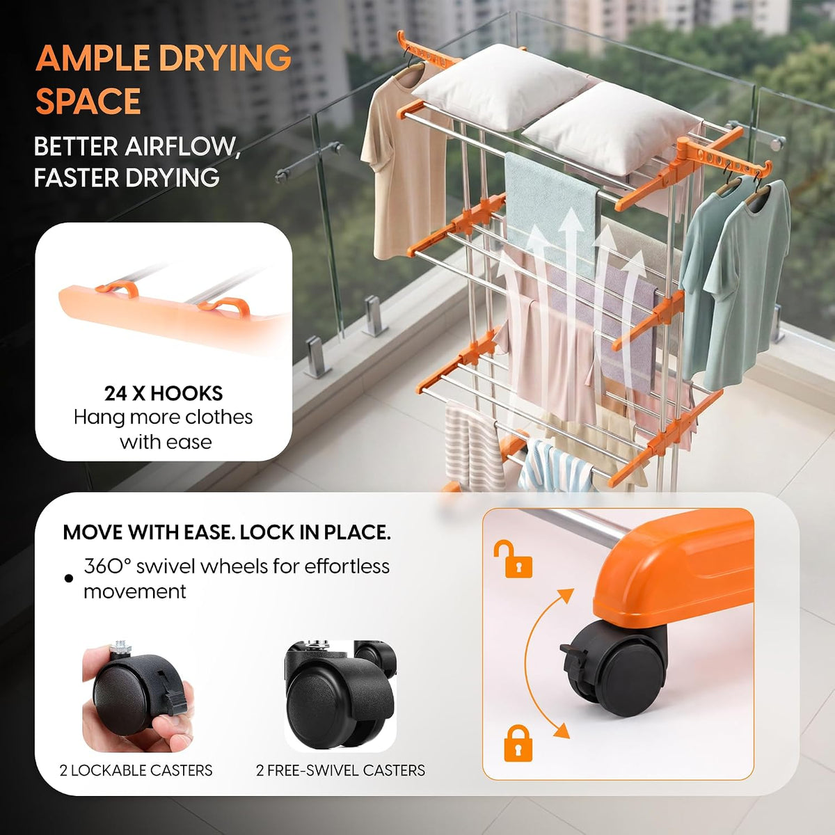 HOUZA Stainless Steel Clothes Drying Stand | 3 Layer Foldable Cloth Dryer Stand with Wheels | 6 Foldable Wings - Orange