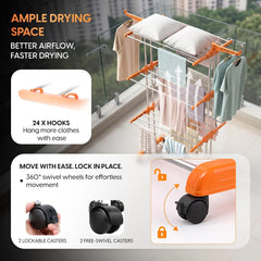 HOUZA Stainless Steel Clothes Drying Stand | 3 Layer Foldable Cloth Dryer Stand with Wheels | 6 Foldable Wings - Orange