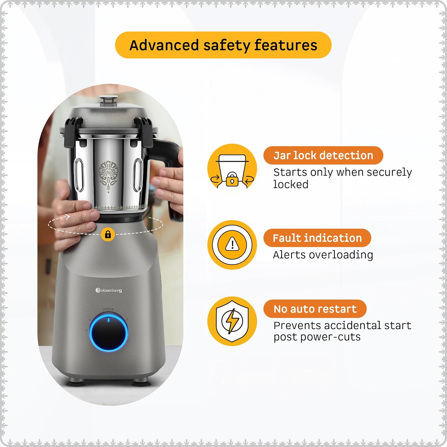 Atomberg Tavi Mixer Grinder | 𝟏𝟏𝟎𝐕 𝐎𝐧𝐥𝐲 𝐟𝐨𝐫 𝐔𝐒 & 𝐂𝐚𝐧𝐚𝐝𝐚 | Unique Coarse Mode for Silbatta-Like Texture | Intelligent 600W Motor | 4 Jars Including Chopper Jar | Matte Sand Grey