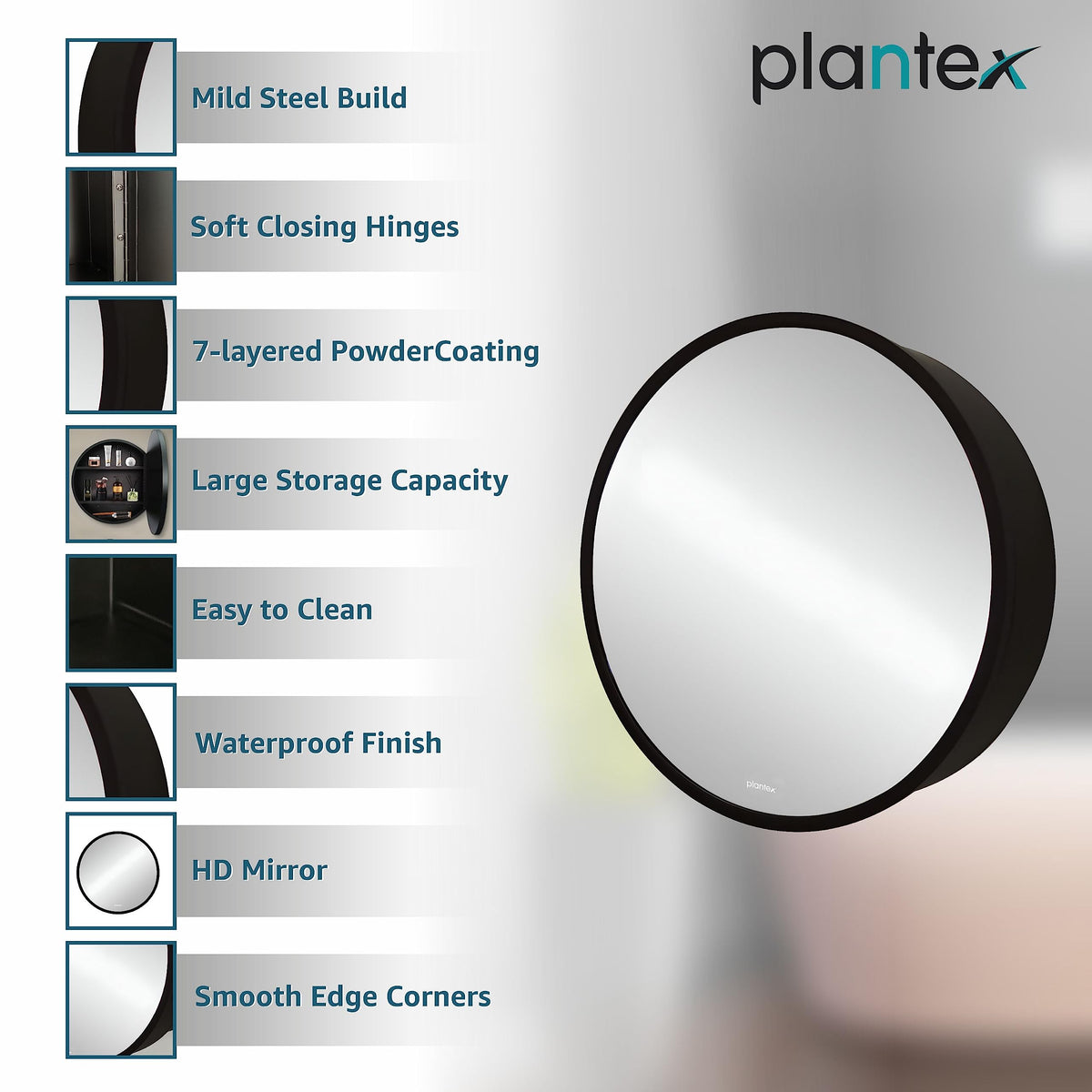 Plantex Bathroom Cabinet with Mirror/Aluminium Framed Bathroom Cabinet Storage/Round Mirror Cabinet for Bathroom Wall/Bathroom Organiser Cabinet (20x20 Inch, Black)-5