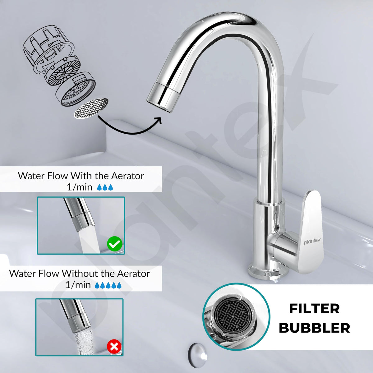 Plantex Sink Tap for Kitchen Basin/Pure Brass Tap with Water Saving Nozzle for Kitchen Sink Taps with Teflon Tape & Wall Flange (DOL-2311-Chrome)-5