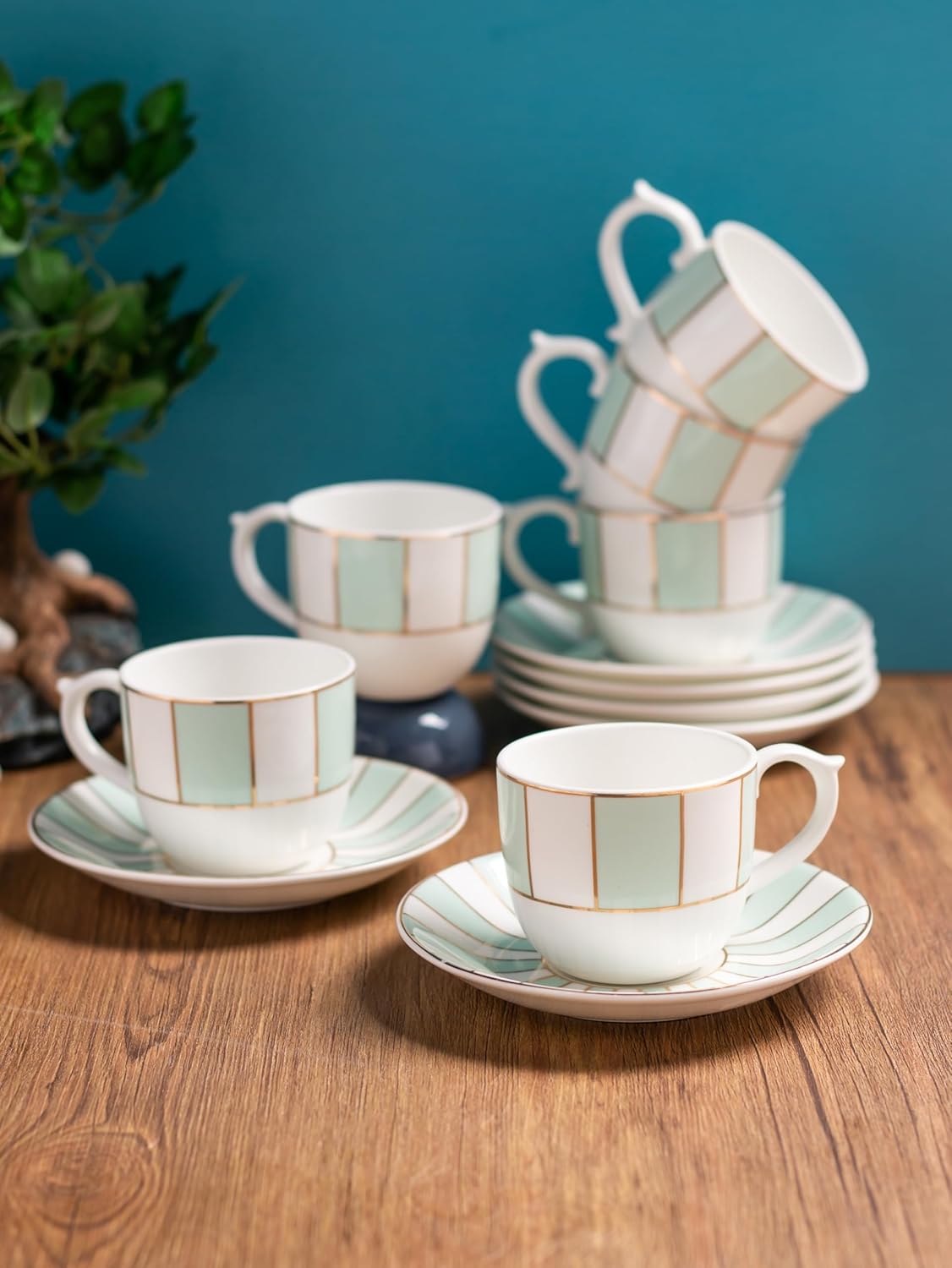 Clay Craft Fine Ceramic Gold Printed Cup & Saucer Set of 12-6 Cups & 6 Saucers - 180 ml Each (MAHARANI Noir N405)