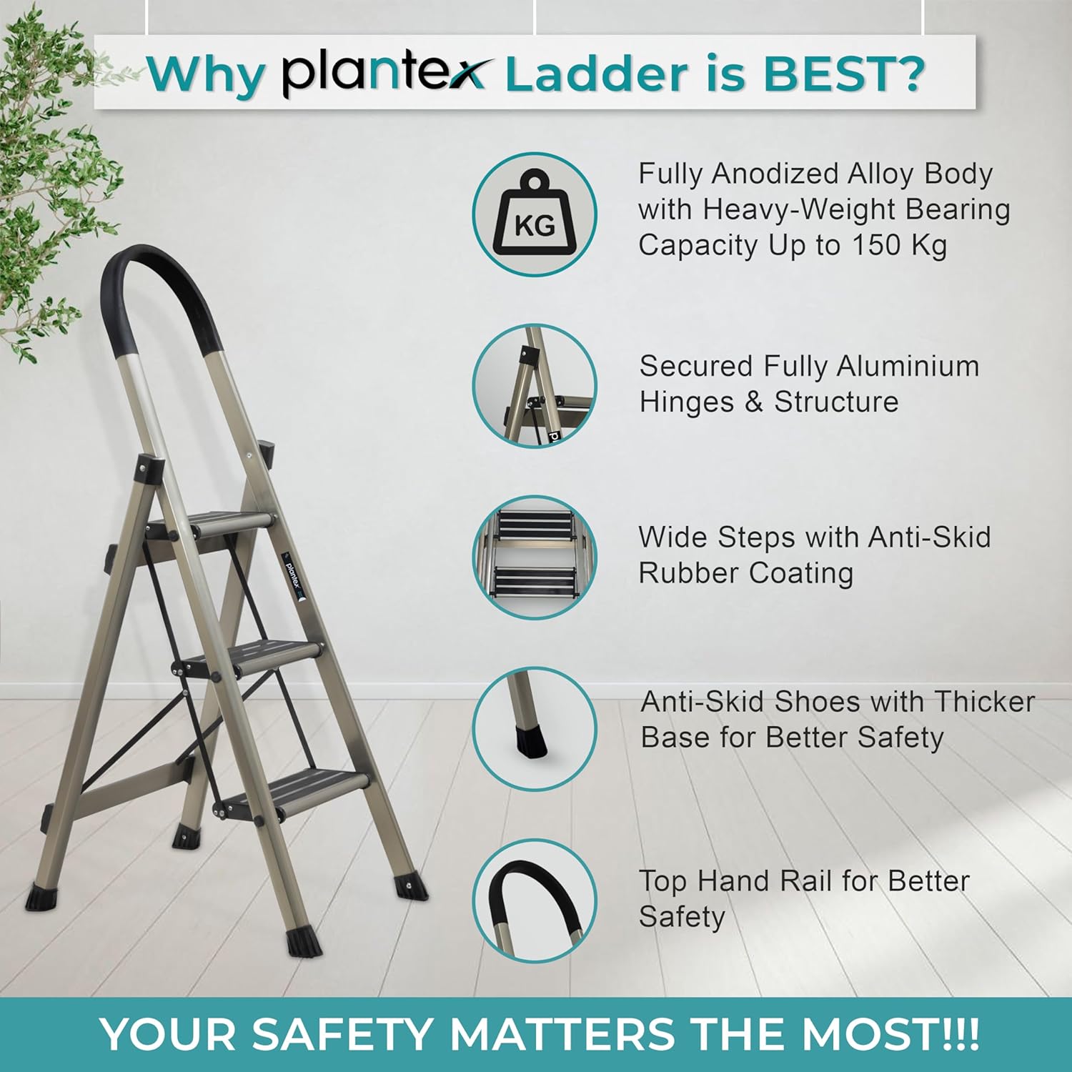 Plantex Guardex 3 Step Foldable Aluminum Ladder for Home/Anti-Slip Shoes and Edge Guards/5 Year Manufacturer Warranty Ladder for Home (Anodized Coated-Gold)