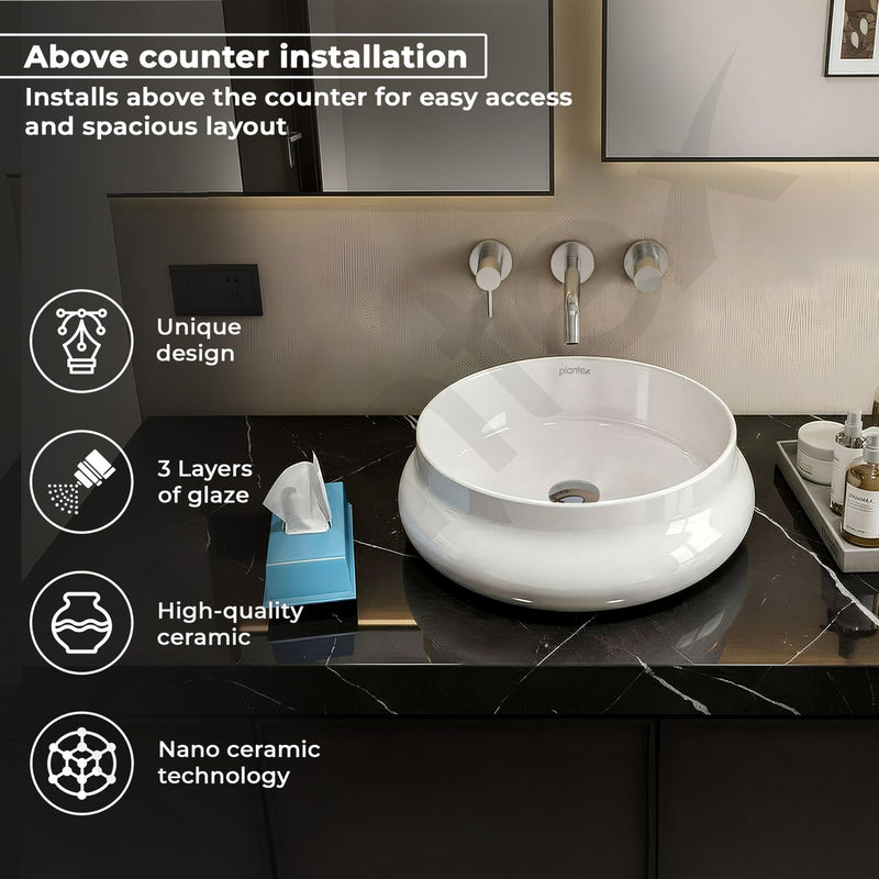 Plantex Ceramic Basin/Countertop Vessel Sink/Tabletop Wash Basin/Washbasin for Bathroom with 10 Years Glaze Warranty by Plantex (White Glossy - 16 x 16 x 5.5 Inch)-2