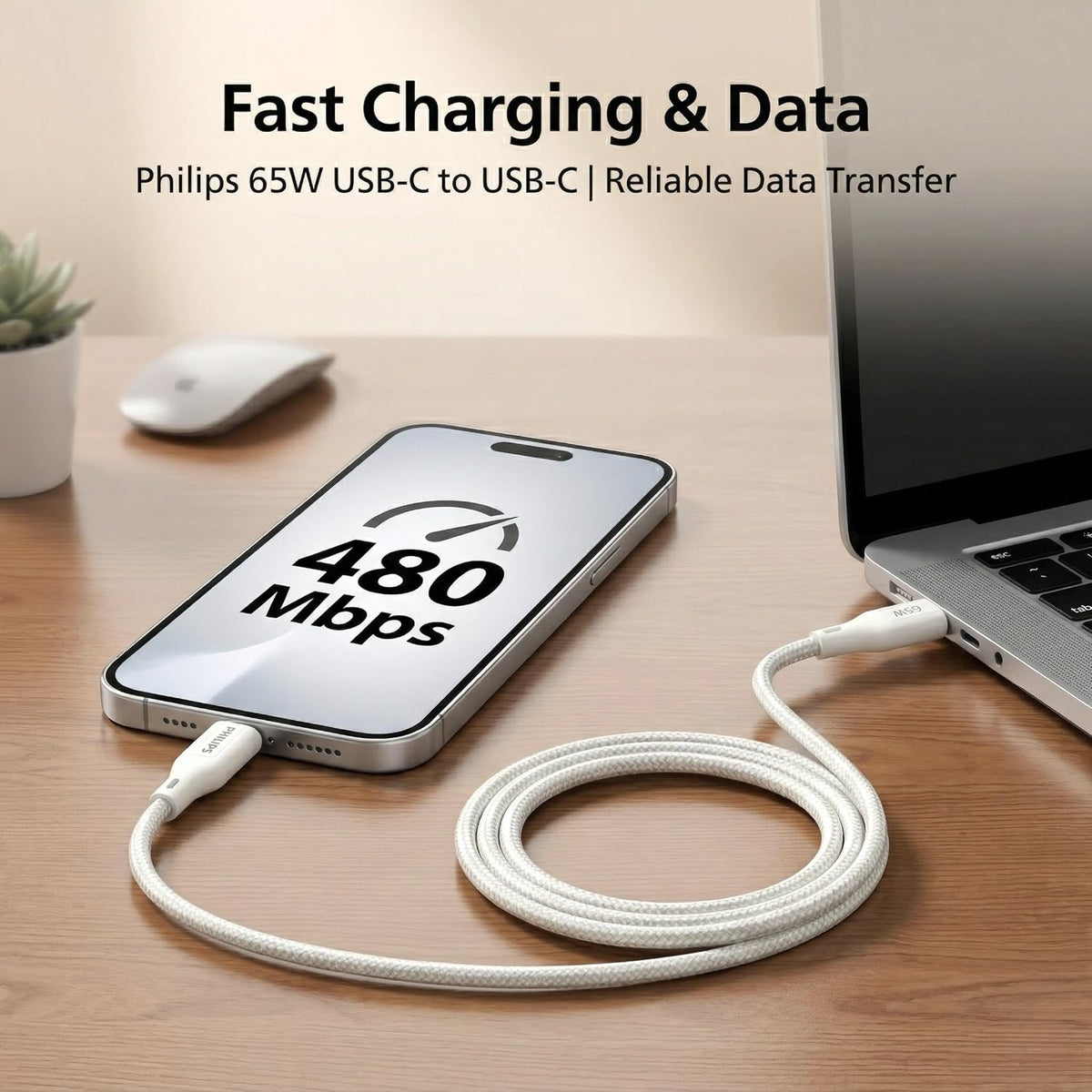 Philips DLC4130CW/94 65W Type-C to Type-C Fast Charging Cable (1m, Bright White)