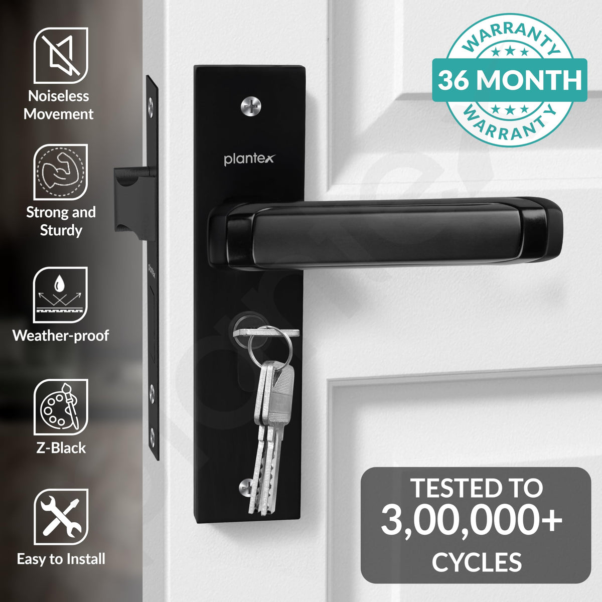 Plantex Heavy-Duty Door Lock Set - Main Door Lock Handle Set/Mortise Lock with 3 Keys, Brass Lock Body & Cylinder (8127 - Z Black & DC Black)-2