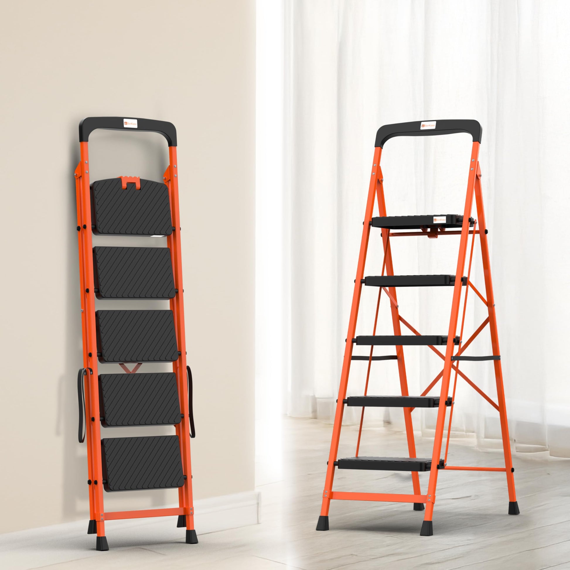 BonKaso climb easy 7 Step Foldable Steel Kitchen Ladder for Home,Office & Outdoor Use with Safety Clutch Lock,Anti-Slip Wide Steps,Support Handle & Tool Tray, Load Capacity Upto 120kg (Orange & Black)