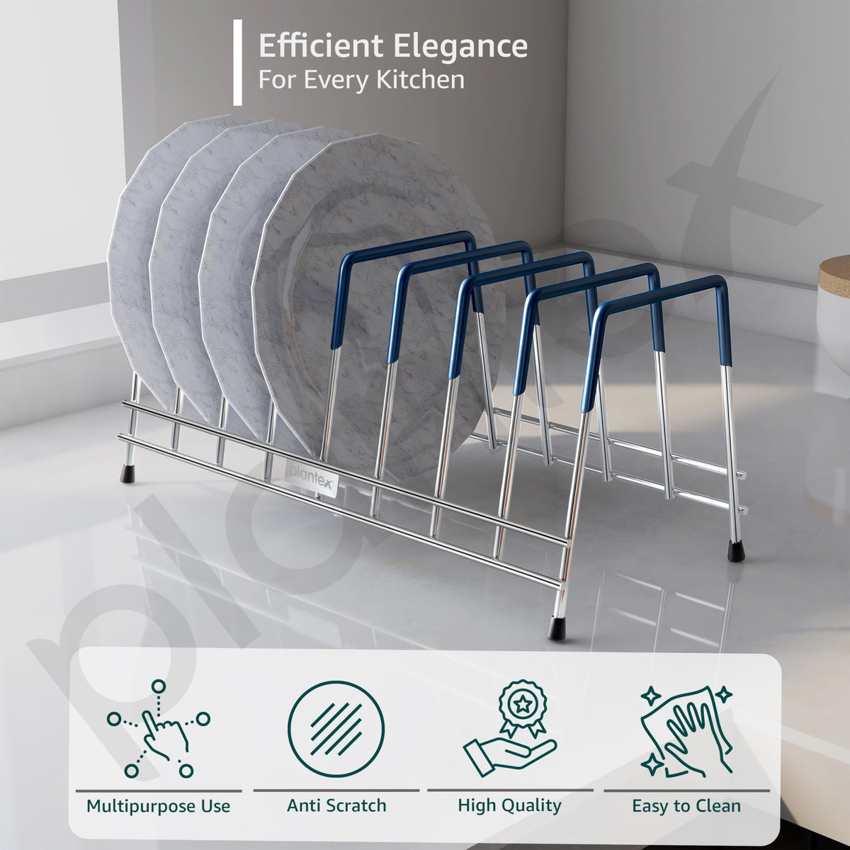 Plantex Stainless Steel Plate Stand for Kitchen Cabinet/10 Slot Plate Rack for Kitchen/6-Inch Rubber-Gripped Dish Stand(Size-6Inches, Slot- 8, Pack of 1)-3