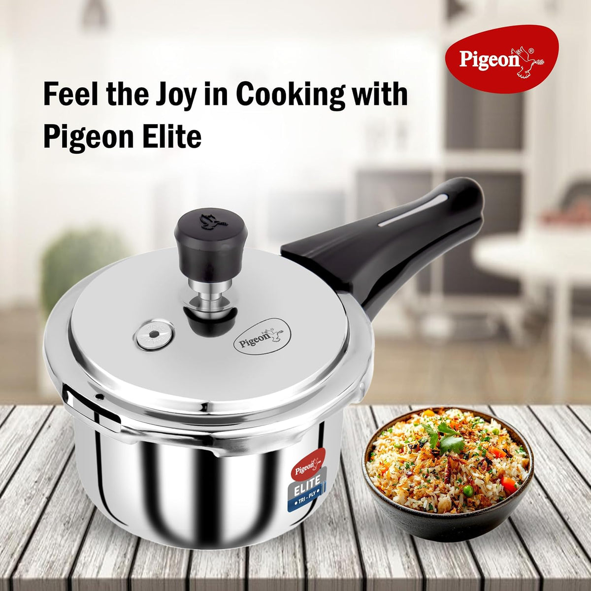 Pigeon by Stovekraft Elite Shine Tri-Ply Body Outer Lid Pressure Cooker, Induction and Gas Stove Compatible