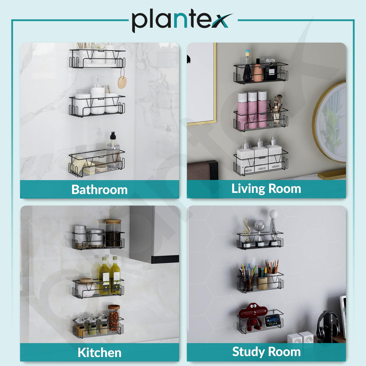 Plantex Bathroom Organiser Without Drill/Self Adhesive Bathroom Shelf for Wall/GI Steel Rack with Side Hooks & Magic Sticker/Bathroom Accessories Set (Black, Powder Coated) - Pack of 3-6